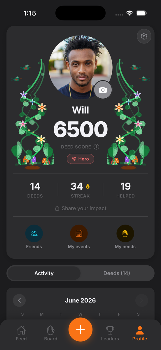 deed app profile with score, badges, and streak